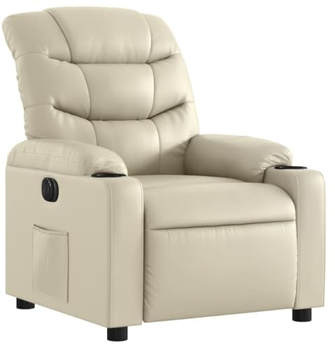 Vorpalize Poltrona relax elettrica in ecopelle color crema, con funzione reclinabile e robusto telaio in metallo e legno, comoda poltrona per TV con tasca laterale, per soggiorno e mobili da giardino