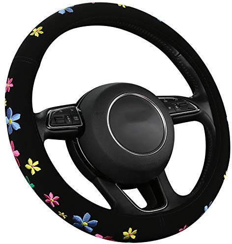 Lenkradbezug Süss Blumen,Gestickt Niedlich,Schweißabsorber,Lenkradschutz in Universal Größe 37-39cm,Lenkradhülle für Sommer & Winter,Autozubehör Innenraum Anti-Rutsch (SWC-Florala)
