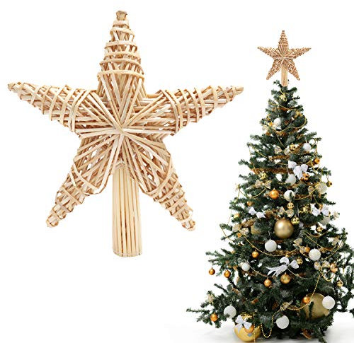 BELLE VOUS Weihnachtsbaum Spitze (27 x 25cm) Natürlicher Handgemachter Strohstern Baumspitze - 3D Design Stern Weihnachtsschmuck Baumspitze - Strohstern zur Dekoration der Baumspitze Weihnachtsdeko