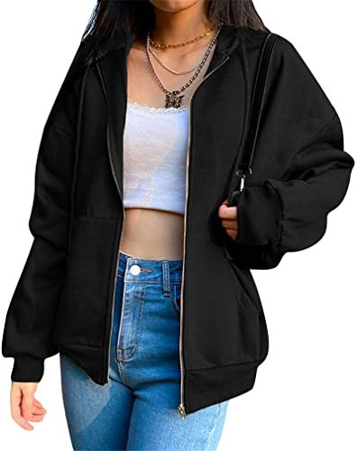 Damen Oversized Sweatjacke mit Kapuze Leicht Gefüttert Kapuzenjacke mit Reißverschluss Y2K Vintage Zip Up Hoodie Jacke Herbst Winter Übergangsjacke (A Schwarz, L)