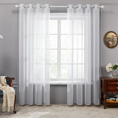 Deconovo Uppsättning av 2 voile-gardiner med öljetter, transparenta gardiner, linneutseende, 245 x 140 cm, vita Stores gardiner