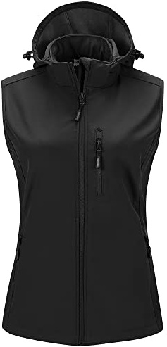 Outdoor Ventures Dam softshell västar med huva lätt fleecefodrad ärmlös jacka vattentät vindtät väst väst med dragkedja up-fickor, svart, 42