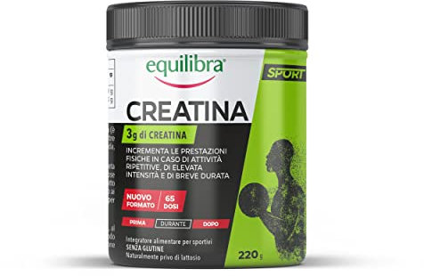 Equilibra Integratori Alimentari, a Base di Creatina, Integratore Energia per Sportivi, Incrementa le Prestazioni Fisiche in Caso di Attività Ripetitive, Senza Glutine, Barattolo 220 g