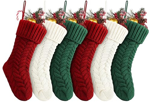 Fesciory 18 Inches Christmas Stockings Bulk, 6 Pack Large Size Cable Knitted Fireplace Hanging Stockings for Family Holiday Xmas Party Decorations, Burgundy&Ivory White&Green