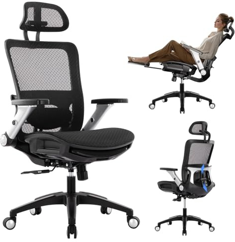 COLAMY Ergonomic Mesh Office Chair with Footrest - High Back Computer Desk Chair with Headrest, 4D Flip-up Armrests, Adjustable Tilt Lock, and Lumbar Support for Ultimate Comfort, Black