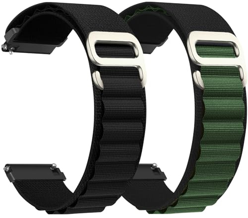 CeiBand Alpine Loop Watch Strap Compatible with 22 mm 20 mm, G-Hook Stainless Steel Metal Buckle Nylon Sports Bracelet, 2 Pack Quick Release Replacement Strap for Men Women - (22mm black+black green)