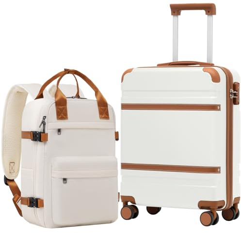 COOLIFE EasyJet Trolley Bagaglio a Mano 55x40x20 e Zaino da Imbarco 20L(40x25x20cm) Set di Valigie, Valigia Bagaglio a Mano, Chiusura a Combinazione Laterale con TSA(Bianco Marrone, Set 2pzs)
