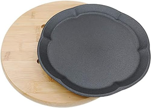 HPTHLY Fuente para Servir chisporrote de Hierro Fundido presazonada/Bandeja para Carne con Soporte de Madera,Plato para Carne chisporroteante de Hierro Fundido-C,Grande