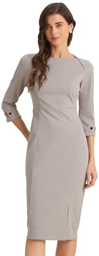 Allegra K Women's Boat Neck 3/4 Sleeves Work Business Sheath Dresses Grey