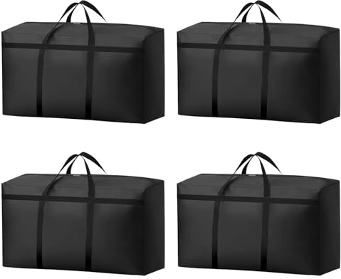 KOMABLEN 4 Piezas 180L Bolsas Almacenaje Ropa, 600D Oxford Impermeable Cajas para Guardar Ropa con Cremallera y Asa, Negro Plegable Bolsas Mudanza Grandes para Edredones, Mantas