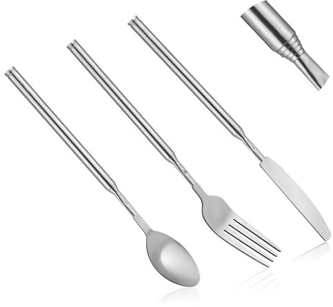 3pcs Ensemble de Extensible Fourchettes Couteaux Cuillères, Couvert Telescopique en Acier Inoxydable Fourchette Extensible Cuillère Extensible Couteau Télescopique
