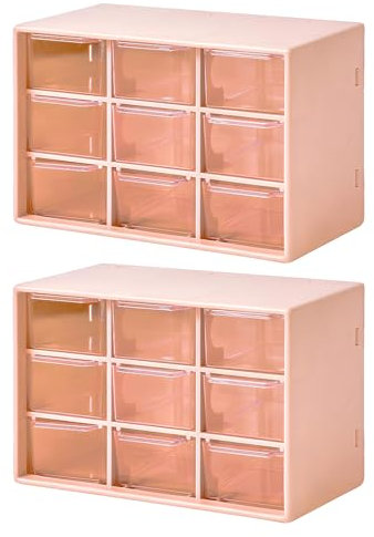 2 Piezas Caja Organizadora con 9 Cajones, Caja de Organizador Mini Cajones Extraíbles, Cajonera para Cosméticos, para Herramientas Oficina, Material de Costura y Manualidades, Accesorios(Rosa Carne)