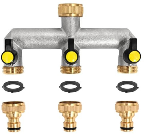 PRITOK Brass Garden Hose Splitter: 3 Way Tap Splitter Hose Manifold with 3 Individual On/Off and Faucet Adapter, 3/4 inch Garden Tap, Heavy Duty Nickel Plated for Garden Kitchen Faucet