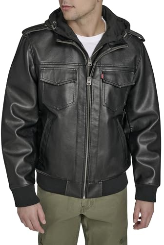 Levi's Men's Faux Leather Aviator Bomber Jacket with Jersey Bib and Hood, Black, Large