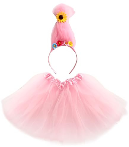 Troll Costume for Women 2-Piece Set with Colorful Wig Headband and Tutu Skirt for Halloween or Carnival (Pink, Teens 11,8, With tulle fabric)