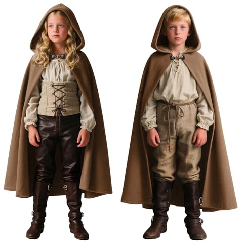 Cape médiévale à capuche pour homme, manteau de sorcière, manteau de sorcière, costume d'Halloween (café, 110-130 (4Y-8 ans))