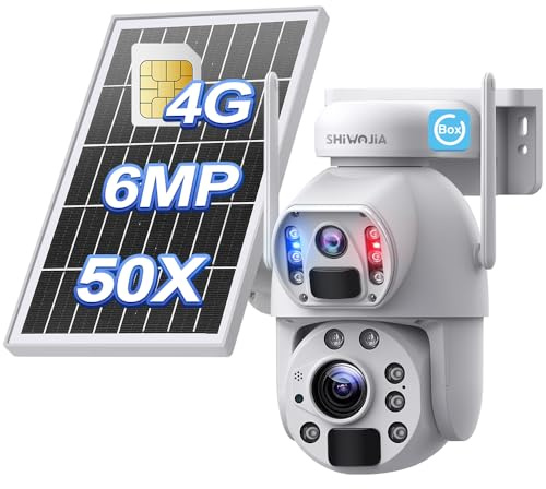 SHIWOJIA Outdoor Wireless Solar Camera, 4G Dual Lens 50x Zoom, Red and Blue Sound and Light Alarm, AI Human Detection/PIR, 50m Night Vision Colour, IP66 Waterproof, White