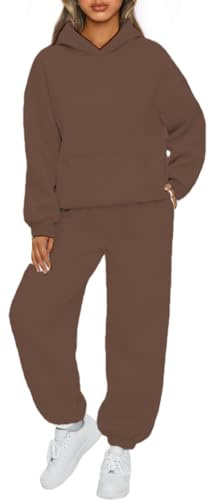 OLIPHEE Tuta Sportiva Donna Completa 2 Pezzi Invernale in Pile Jogging Completi Sportivi Donna Fitness Set Felpa e Pantaloni Larghi Yoga Palestra Ginnastica Outdoor Marrone M