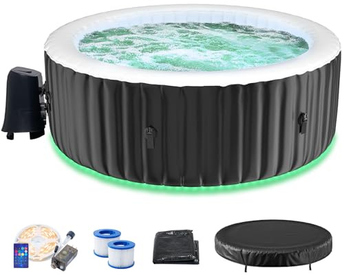 Aufblasbares Spa für 2-4 Personen mit farbwechselnder LED-Beleuchtung | Großes, rundes & tragbares Spa mit 120 Blasendüsen | Inkl. Heizpumpe, Filter & Isolierabdeckung | 180 cm x 180 cm x 63 cm