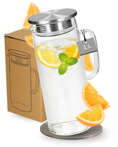 Glaskaraffe mit Deckel 1 Liter aus Borosilikatglas - Wasserkaraffe mit feiner Filterung dank Sieb - stilvolle Karaffe für Wasser, Fruchtwasser und Eistee im Alltag und Büro, Farbe:transparent