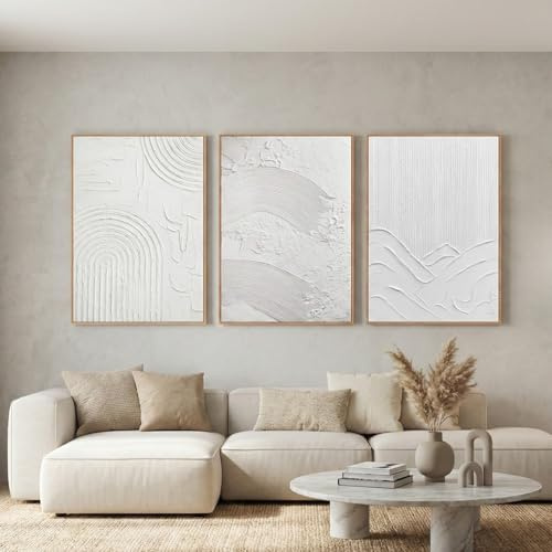 DekoArte - Cuadro Decoración Salón Moderno en Relieve Blanco - Tríptico - 60x90 cm - Cuadros con marco color madera incluido
