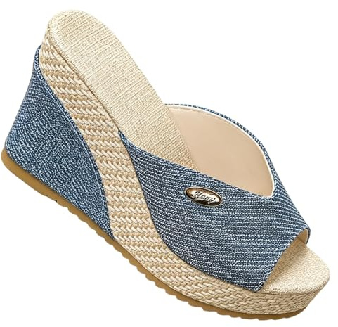 Sandales espadrilles classiques en toile de jean à talon compensé pour femme - Sandales à enfiler à bout ouvert - Pour l'été, les loisirs, la marche quotidienne, les vacances, bleu, 39.5 EU