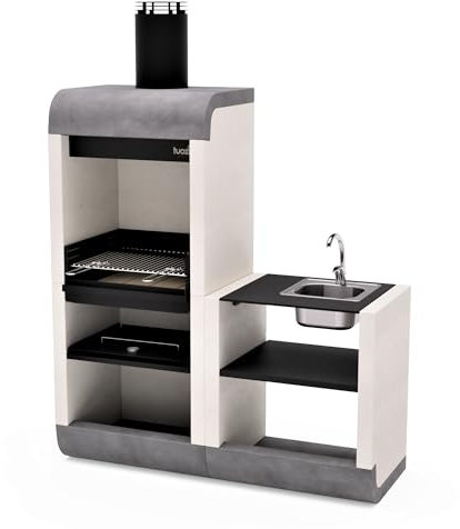 TUOZI - Einbaugrill für Holz und Holzkohle Modell SUD PLUS Modul Spülbecken und Wasserhahn (Weiß/Grau/Schwarz - 162 x 60 x 220 cm) REF: 4340 - Für den Außenbereich