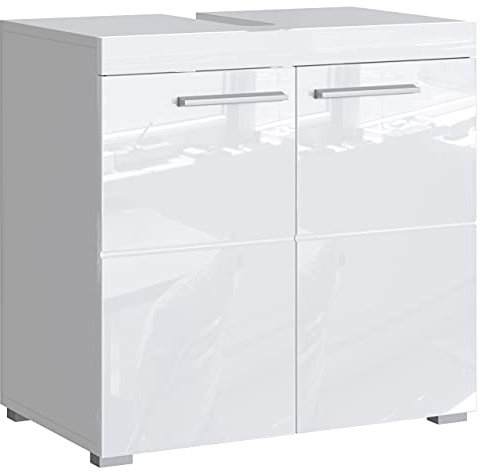 Newroom Waschbeckenunterschrank Weiß Hochglanz mit viel Stauraum - 60x56x34 cm (BxHxT) - Badezimmer Unterschrank Badezimmerschrank Badezimmermöbel Badunterschrank - [Trinity.Seven]