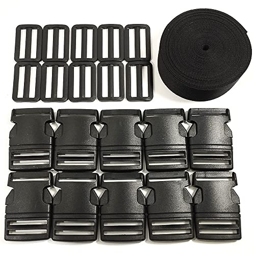 Correa Negra de 5 Metros con 20 Hebillas de Plástico, Correas para Animales, Correa de PP Multiusos, Cinta para Bricolaje, Equipaje Craft Mochila Maletas, (25mm x 5M, 332)