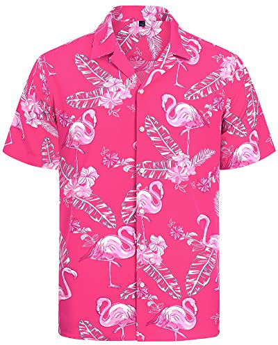 J.VER Hawaii Hemd Männer Hawaii Flamingo Blumenhemd Kurzarmhemd Leichtes Sommerhemd strandhemd bügelfrei button down Shirt Rosa Flamingo L