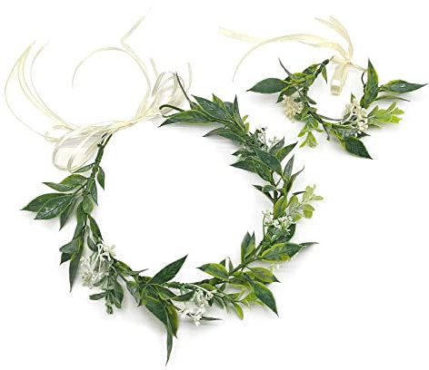 MIVAIUN 1Stk Grüne Krone Blattkronen Tiara und 1Stk Blatt Blumen Armband Waldelfen Kopfschmuck Blattblumen Stirnband Braut Tiara Waldfee Kostüm Damen Haarschmuck Grün Blumenkrone für Hochzeit Party.