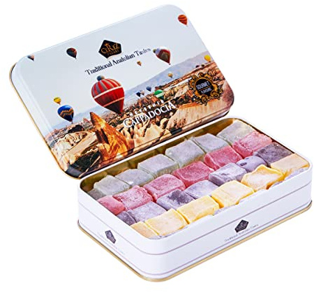 Cerez Pazari Turkish Delight Candy Gift Basket 320g, Luxury Lokum Dessert, Gourmet Christmas Holiday Corporate Food Gifts in Elegant Tin Box, With 5 Unique Flavors, No Nuts