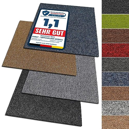 KARAT Teppichfliesen Moskau 50x50 cm selbstliegend - 48 Stück Set - 12m² - strapazierfähiger Teppich Bodenbelag mit hochwertigem Schlingenflor für Haus & Büro - antistatisch mit Bitumen Rücken - Grau