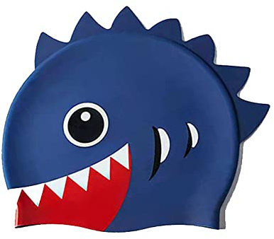 Surakey Silicone Swimming Cap Swimming Training Competition Soft Anti Slip Swimming Cap Elastic Cartoon Waterproof Swimming Bathing Cap for Kids Boys Girls (Blue Shark)