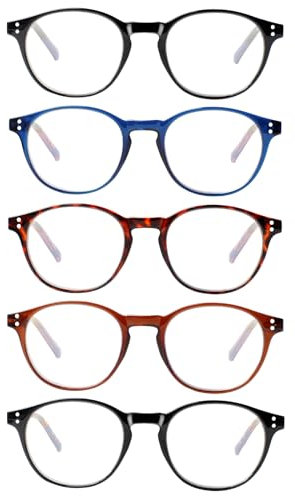 Kerecsen 5 Pack Retro Reading Glasses Men Women Blue Light Blocking Spring Hinges Lightweight Quality Round Readers (Black Tortoiseshell Blue Brown, 2.00)