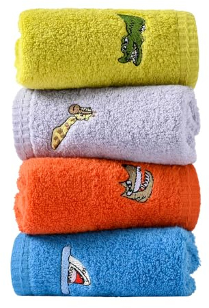 sense gnosis 100% Cotton Kids Facial Towels, Fingertip Towels for Bathroom Towel Set Animal Embroidered Children Towels & Baby Washcloths, 10 x 20 inches(4 Pack in 4 Color)