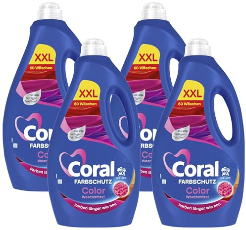 Coral Colorwaschmittel Optimal Color XXL Flüssigwaschmittel für länger strahlende Farben mit Farbpflege-Kraft natürlicher Herkunft 60 WL (Packung mit 4)