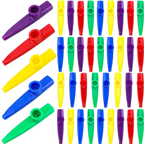 Swakuta Lot de 40 kazoos en plastique coloré avec diaphragmes en forme de flûte kazoo pour fêtes, cadeaux d'anniversaire, prix, anniversaire de mariage, 5 couleurs