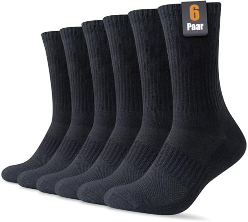 SockWaddles Socken Herren Damen, 6 Paar Baumwolle Atmungaktive Gepolsterte Tennissocken Sportsocken Laufsocken Wandersocken 39-42, Schwarz