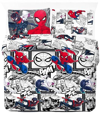 Marvel Spider-Verse Double Duvet Cover | Action-Packed Comic Strip Design | Kids Bedding Set Includes Matching Pillowcase, 100% Polycotton, Red, Black & White, 200 x 200cm
