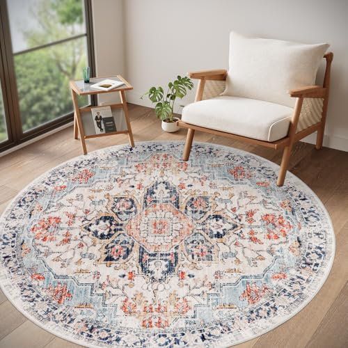 Homcomodar Teppich Rund 160cm Teppich Wohnzimmer Waschbarer Vintage Teppiche Schlafzimmer Kurzflor Teppiche für Wohnzimmer Schlafzimmer Kinderzimmer(Blau)