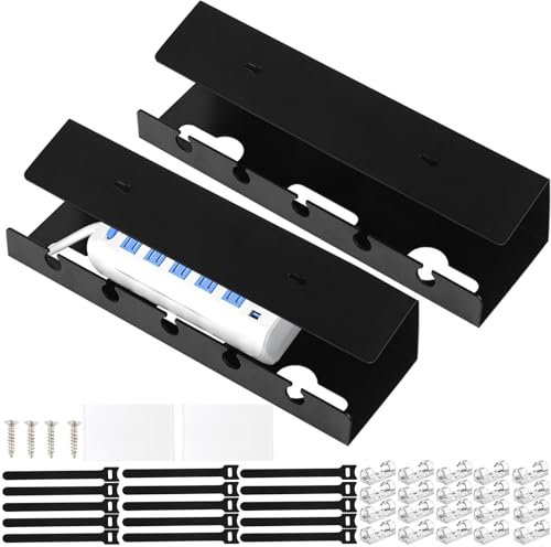 Fangoo 2 Pack Under Desk Cable Management Tray No Drill Self Adhesive Cable Management Under Desk Wire Raceway Cover for Home Office for Office and Home (Black)