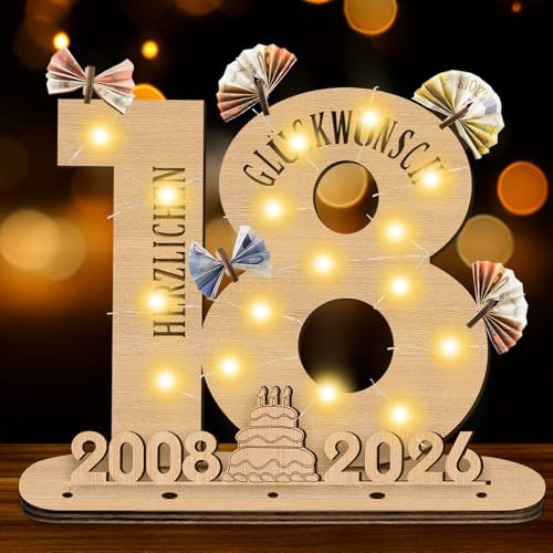 GothicBride 2026 18 cumpleaños regalo de dinero niña niño 18 cumpleaños niña placa de madera con LED, 18 cumpleaños niña libro de visitas regalo dinero regalos cumpleaños decoración regalo regalo