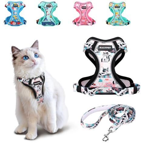 Halypet Cat Harness and Leash Set[MAX Safety 4th-Gen] Cute Escape Proof Vest Harness for Girl&Boy Cat Walking, Comfortable Adjustable Leash and Reflective Strips for Outdoor Kitten, S Inky Meowy