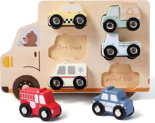 Juego de vehículos de madera para niños – 6 piezas de coches de madera con camión de bomberos, ambulano, taxi zund más, juguete de madera para niños y niñas, juguetes Montessori para bebés a partir de