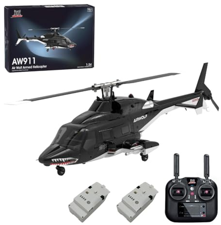 BAUPLAY RC helikopter, 1/34 W-911 Air – Wolf fjärrstyrd helikopter, 2,4 G 9 CH med 6 G/3D stuntläge och GPS-lokalisering militär helikopter, leksak för vuxna – RTF