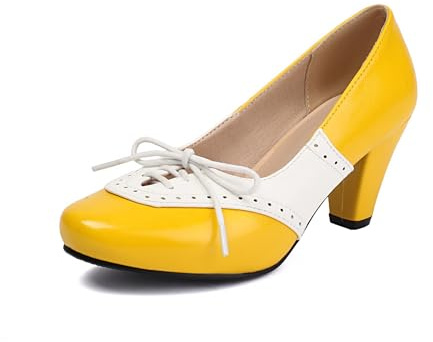 elerhythm Scarpe da donna Mary Jane anni '20 con tacco a décolleté bicolore classico e retrò con lacci a punta alare anni '50 vintage punta tonda chiusa anni '40, Giallo, 38 EU