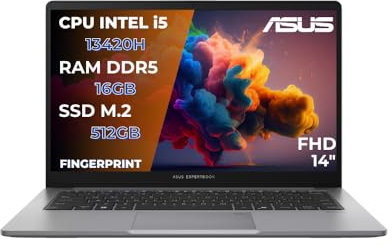 ASUS Expertbook P1 Pc Portatile, Notebook i5-13420H, 16GB RAM DDR5, 512GB SSD PCIex 4.0, Display 14 FHD, Computer Portatile, Laptop con Fingerprint, Thunderbolt, Layout Italiano - Pronto all'uso