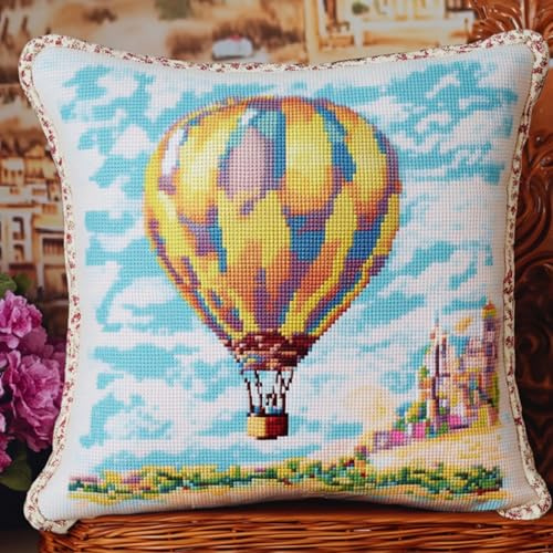 ANSIWEIGO Cojín de nudos, 43 x 43 cm, kit de anudado con ganchos, para principiantes y adultos, lienzo impreso, cojín decorativo 3D para sofá, paisaje de globos aerostáticos