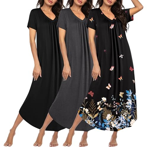 Ekouaer 3 Pack Long Nightgowns for Women Plus Size House Dress Short Sleeve Night Gown V Neck Casual Nightshirt Black/Grey/Black Butterfly Medium